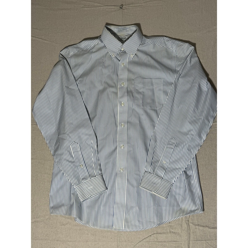 LL Bean Mens Wrinkle Resistant Striped Button Down Shirt 15.5-35 Blue White